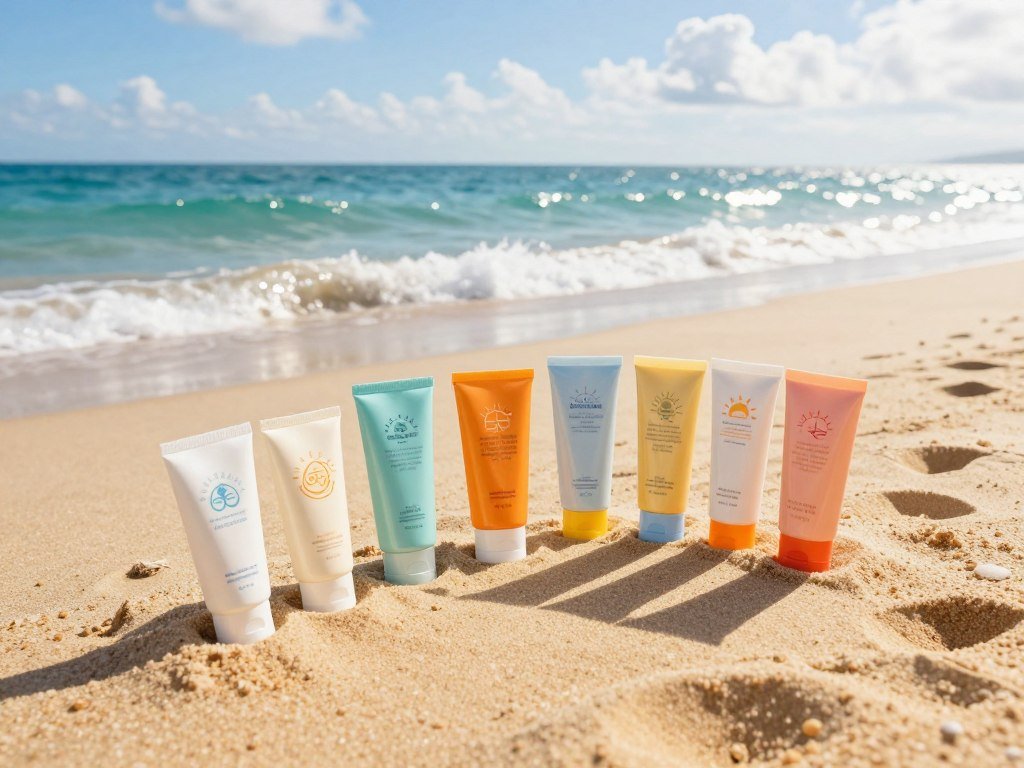 Mineral sunscreen tubes beside ocean water Mineral sunscreen tubes beside ocean water