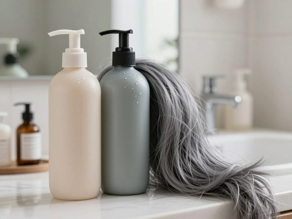 Moisturizing shampoo and conditioner beside dry gray hair