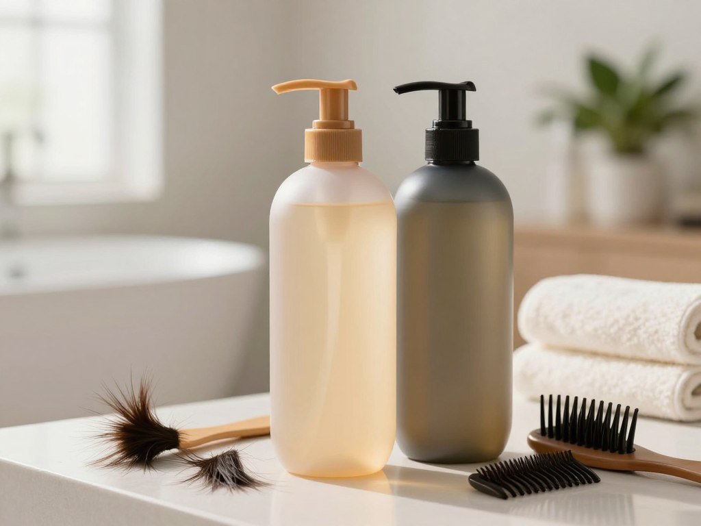 Moisturizing shampoo bottles beside dry hair ends and a wide-tooth comb