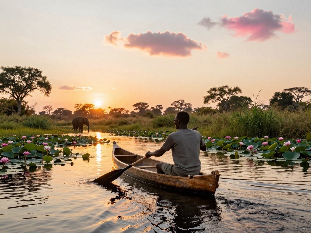 Mokoro excursion moves through an Okavango Delta channel Mokoro excursion moves through an Okavango Delta channel