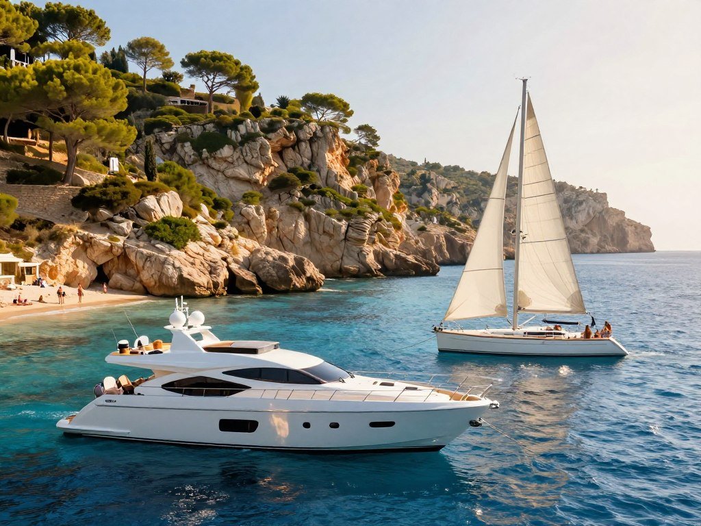 Motor and sailing yachts beside Mallorca coast Motor and sailing yachts beside Mallorca coast