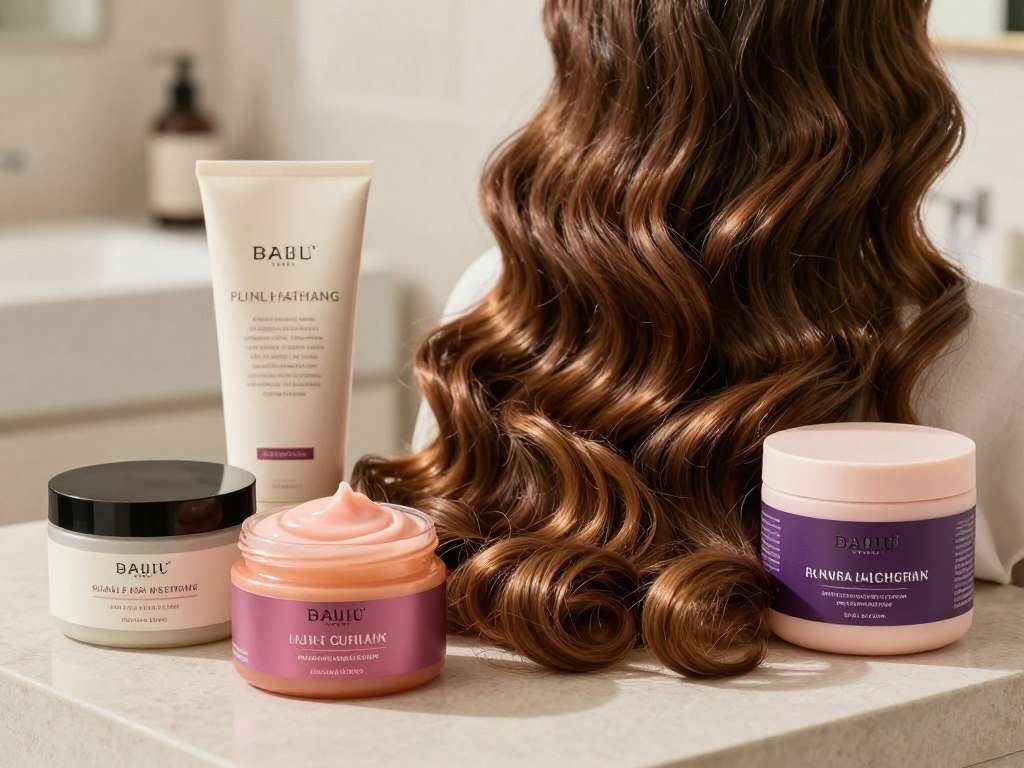 Mousse, gel, and curl creams arranged beside wavy hair Mousse, gel, and curl creams arranged beside wavy hair