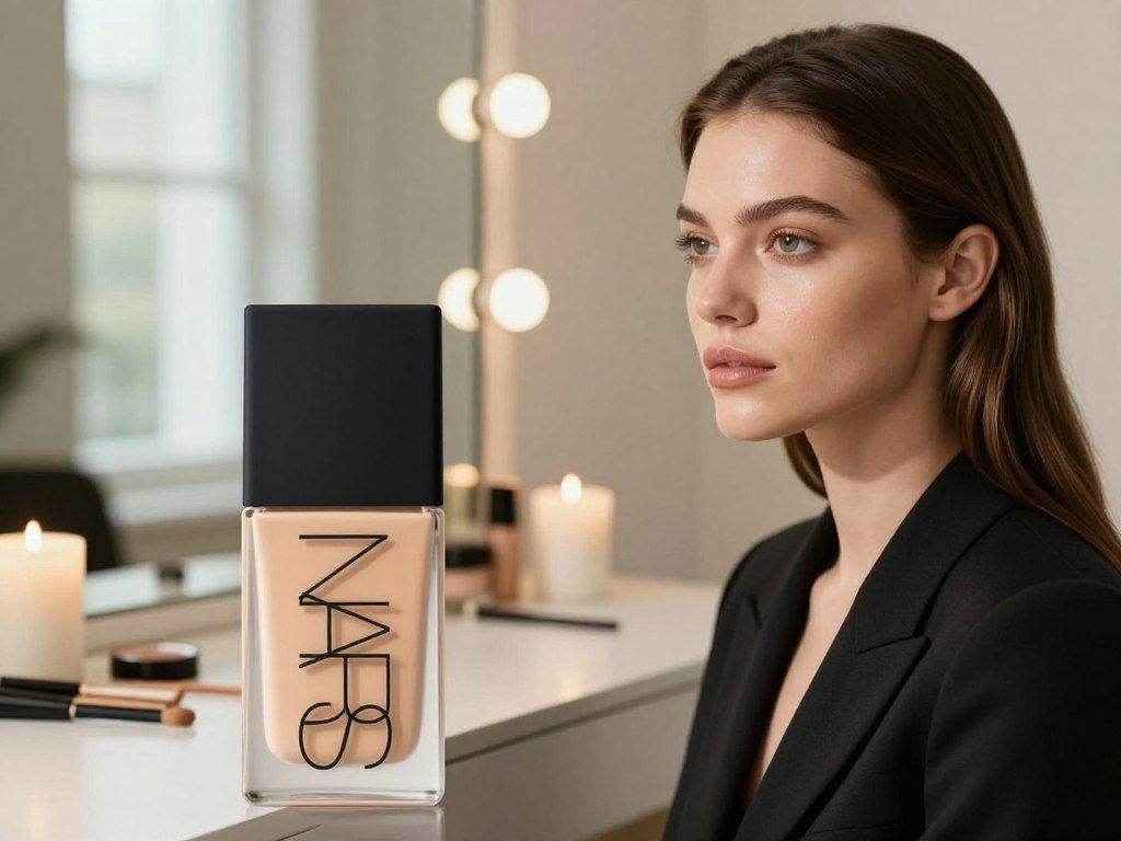 NARS foundation bottle beside a natural glow makeup look NARS foundation bottle beside a natural glow makeup look