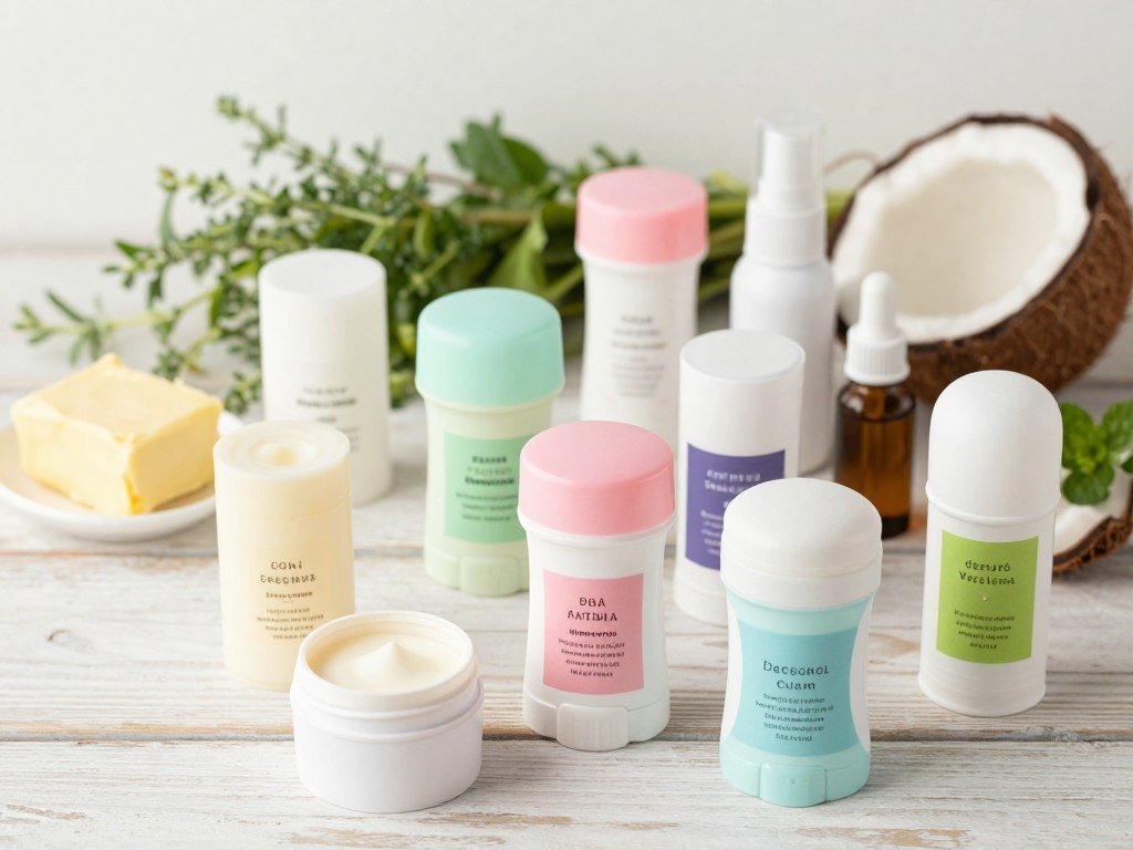 Natural deodorant options in sticks, cream, paper tubes, and spray