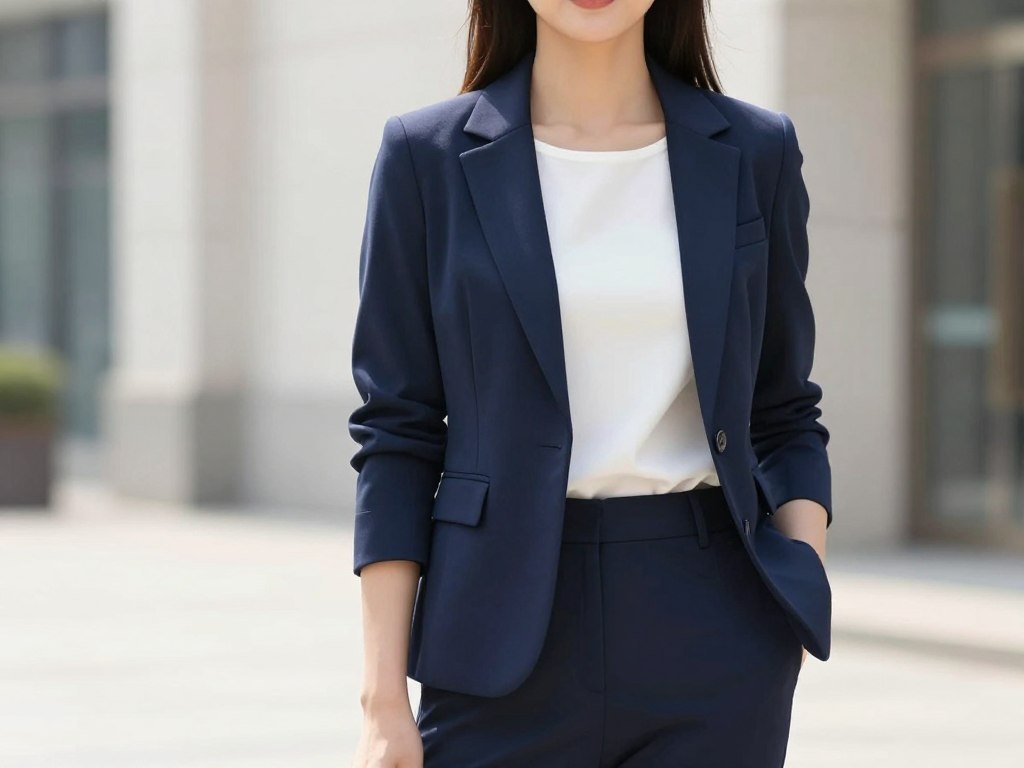Navy blazer worn over a simple top and tailored trousers