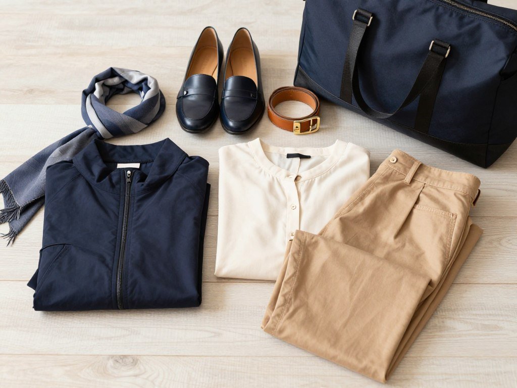 Navy tan and cream travel clothes arranged in a coordinated palette