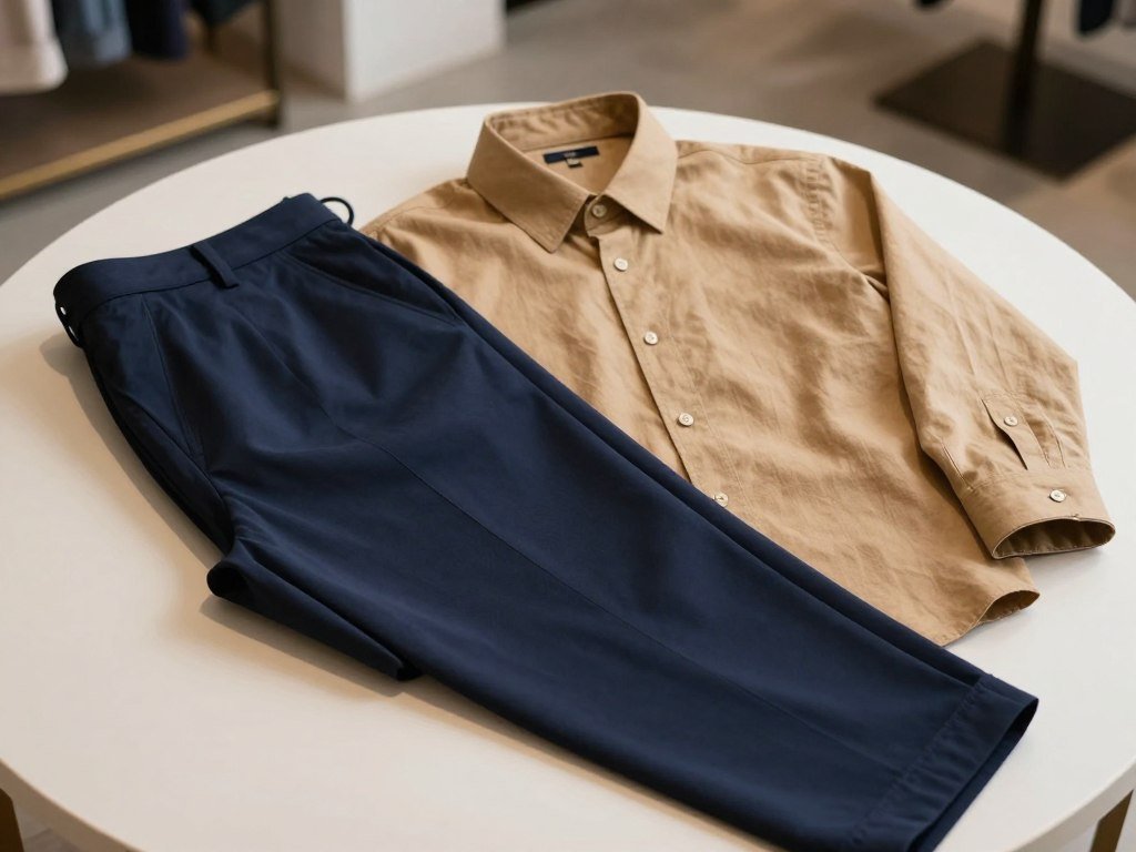 Navy trousers and tan shirt create a coordinated outfit Navy trousers and tan shirt create a coordinated outfit