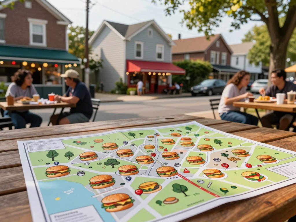 Nearby burger places listed beside a neighborhood map