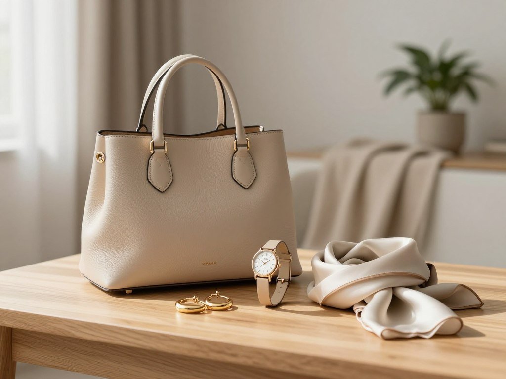 Neutral accessories arranged for a small everyday wardrobe Neutral accessories arranged for a small everyday wardrobe