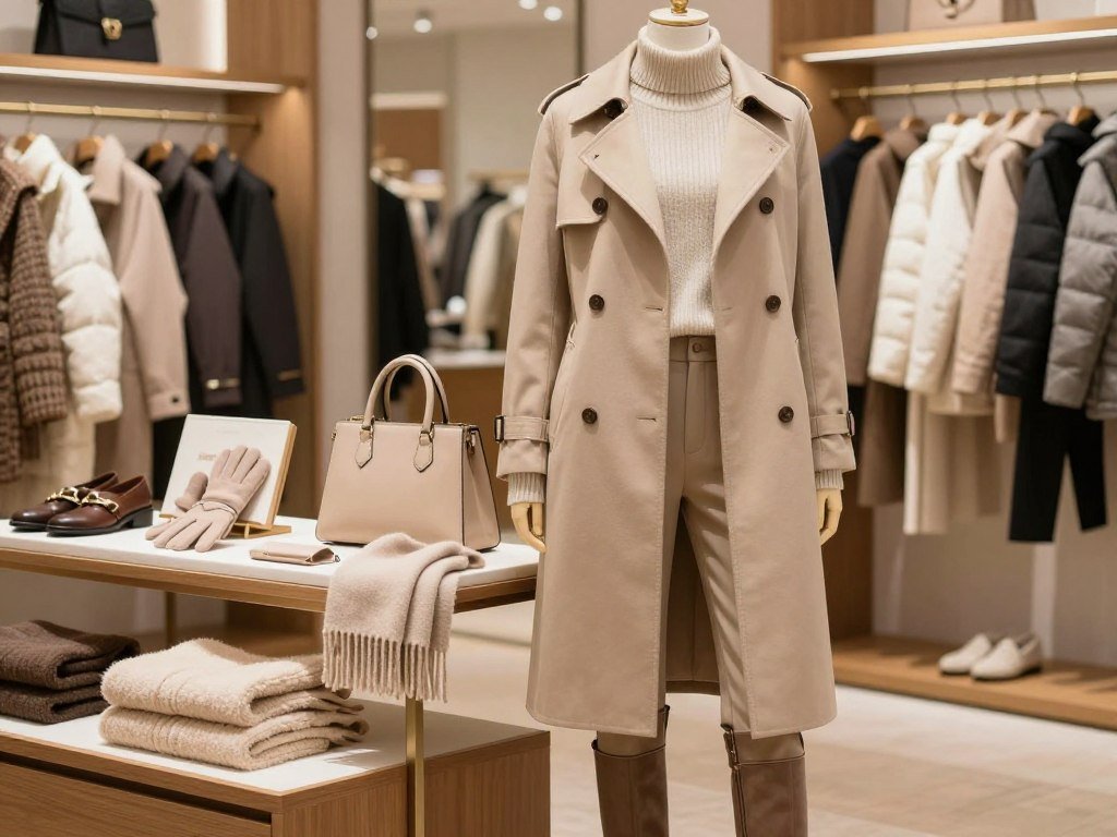 Neutral coat paired with winter outfits in a coordinated wardrobe Neutral coat paired with winter outfits in a coordinated wardrobe