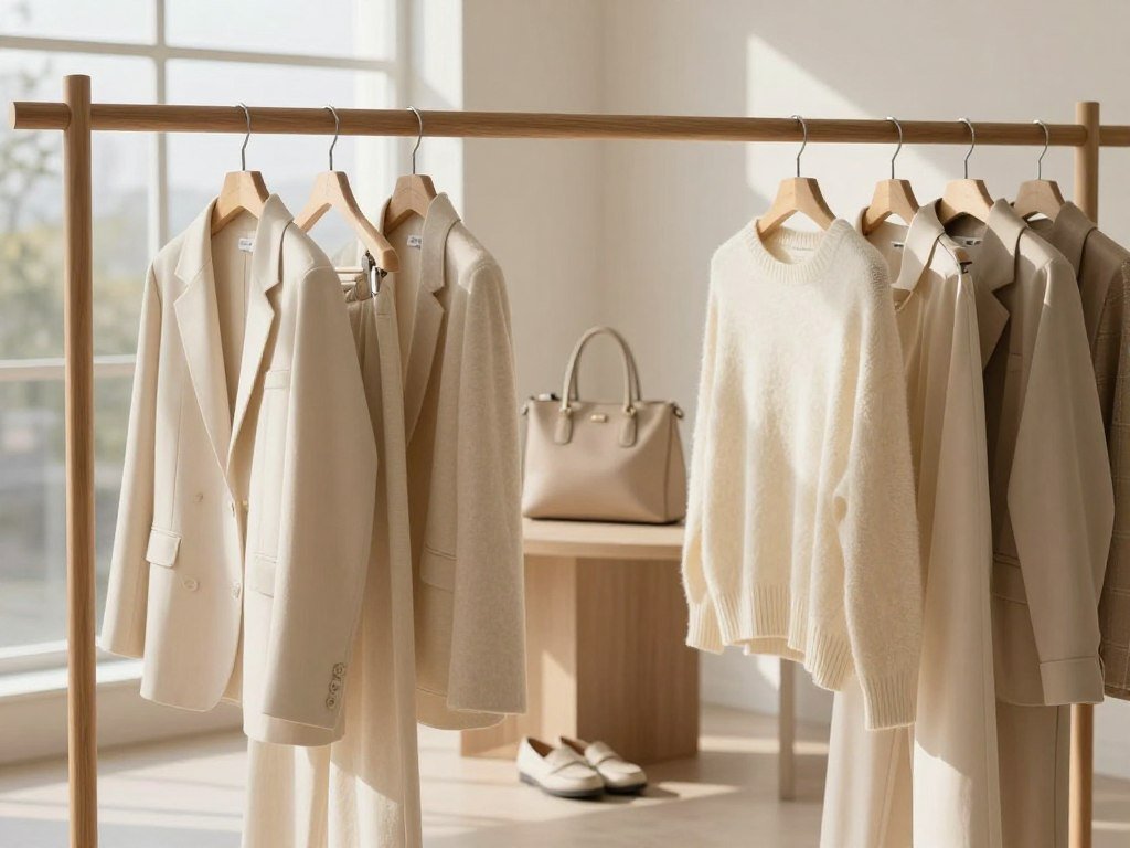 Neutral palette of cream and beige wardrobe pieces