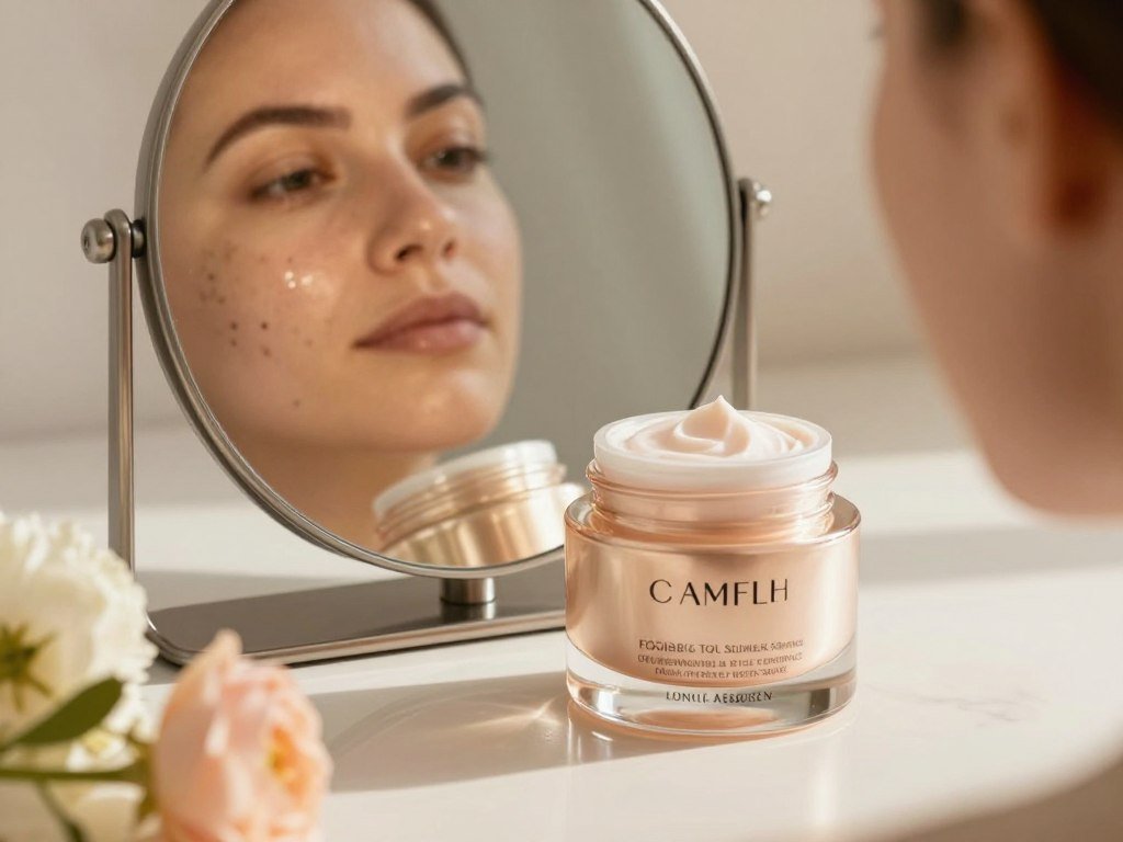 Night cream beside a mirror showing fine lines and dark spots Night cream beside a mirror showing fine lines and dark spots