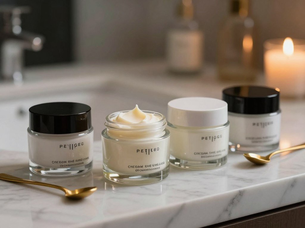 Night creams with peptides and shea butter lined up for skin care Night creams with peptides and shea butter lined up for skin care