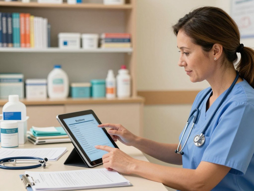 Nurse checking a resident record during a skilled nursing shift