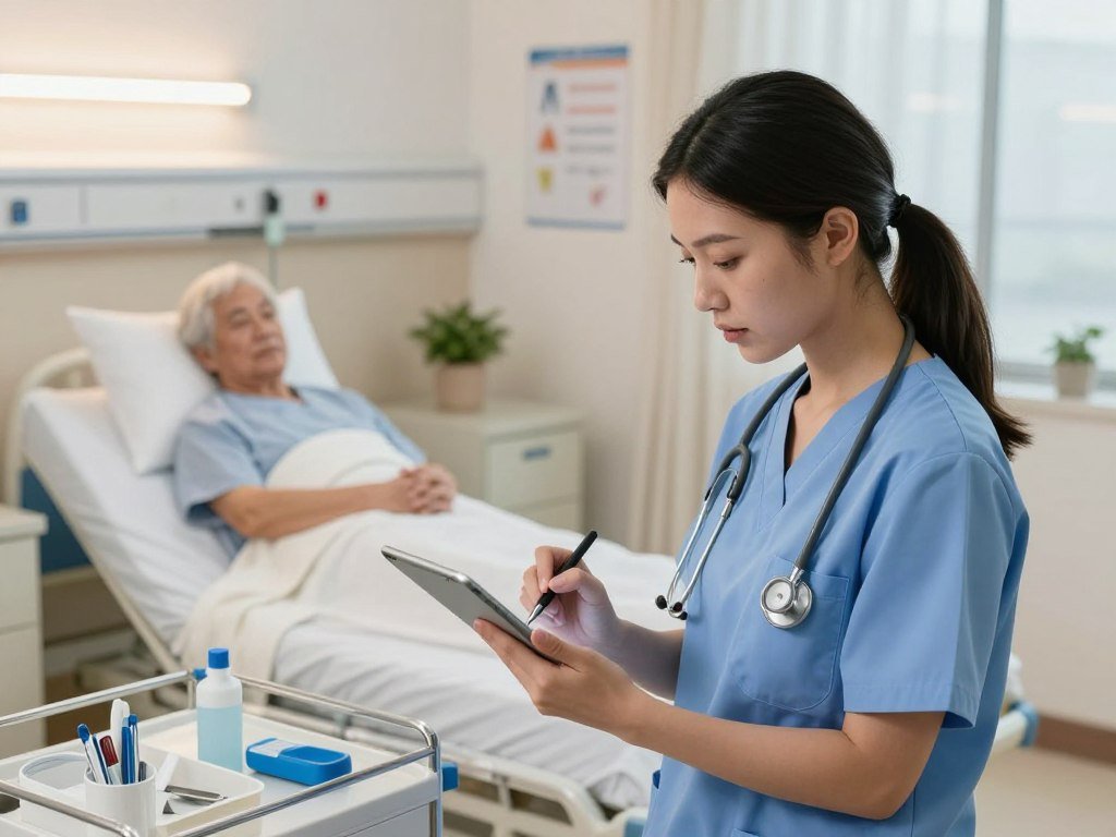 Nurse recording vital signs in skilled nursing documentation Nurse recording vital signs in skilled nursing documentation