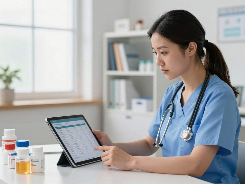 Nurse reviewing medication management and clinical data