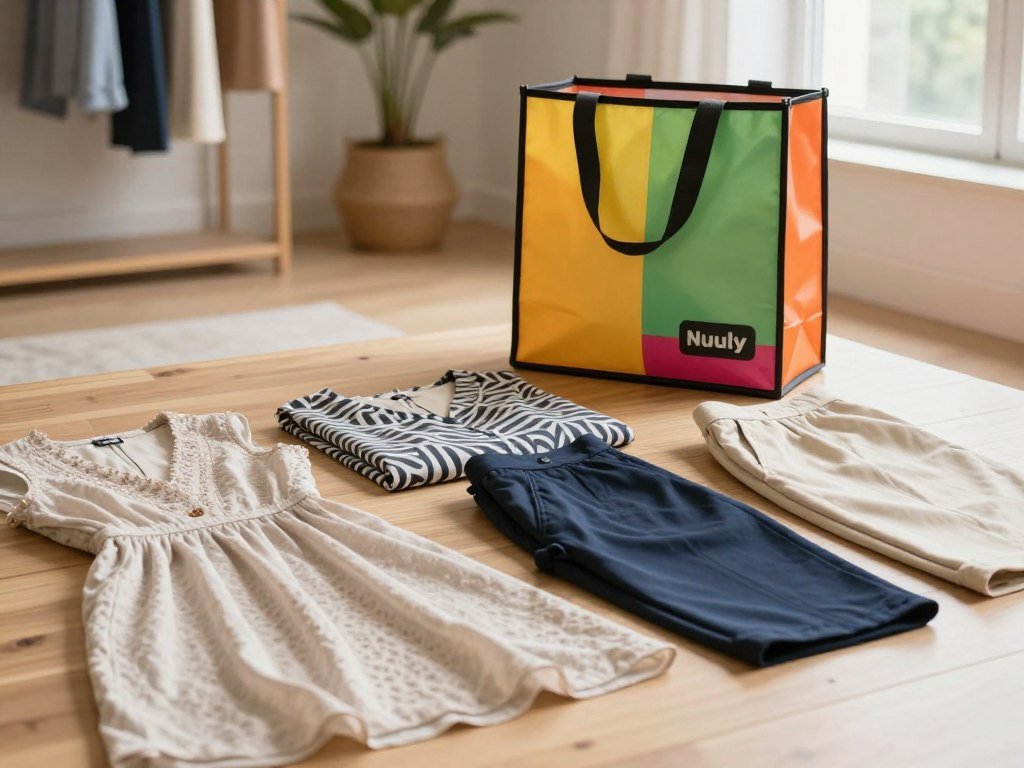 Nuuly rental items packed beside a prepaid return bag Nuuly rental items packed beside a prepaid return bag