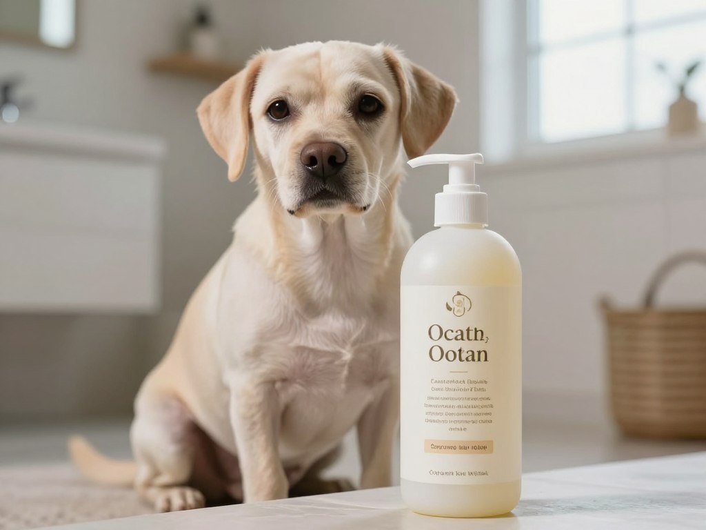 Oatmeal pet shampoo beside a dog with sensitive skin Oatmeal pet shampoo beside a dog with sensitive skin