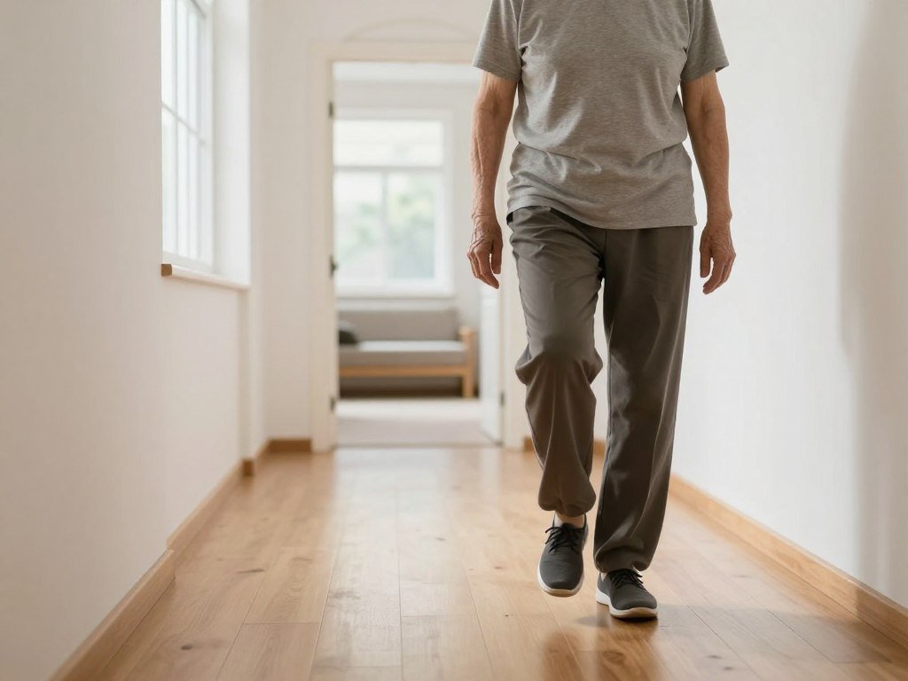 Older adult walking heel to toe along a clear hallway Older adult walking heel to toe along a clear hallway