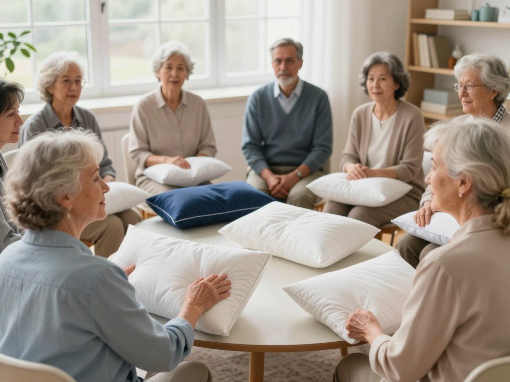 Older adults discussing pillows and neck pain in a test group Older adults discussing pillows and neck pain in a test group
