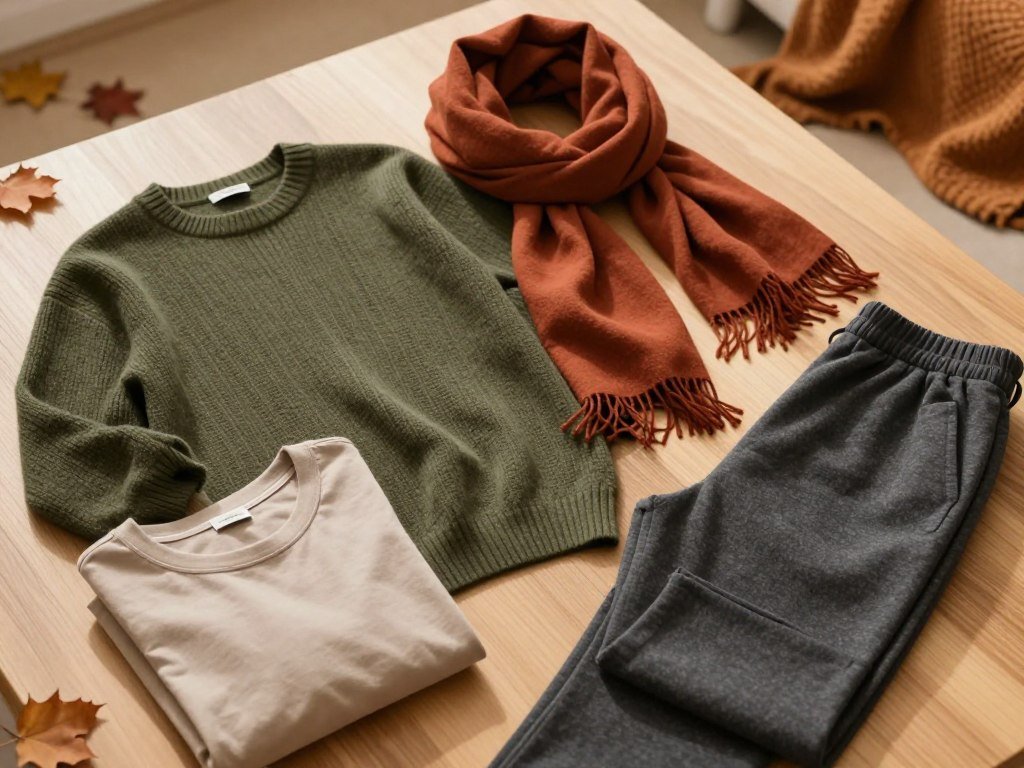 Olive and rust fall clothes beside charcoal and oatmeal basics