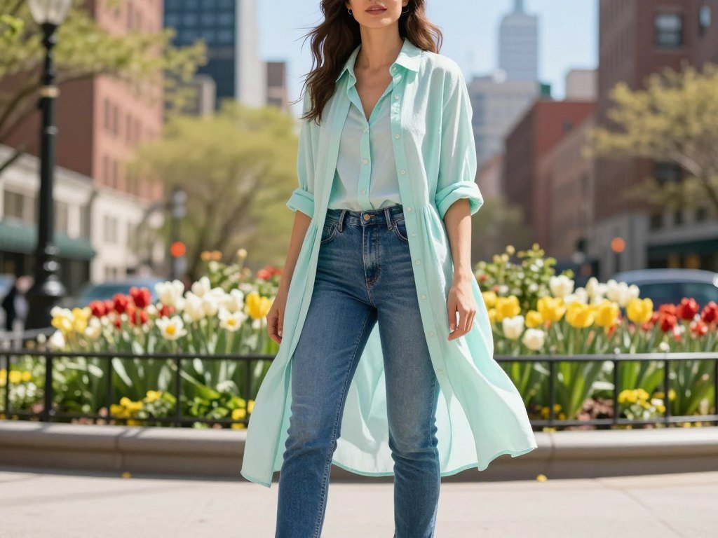 Open shirtdress layered over denim for spring weather Open shirtdress layered over denim for spring weather