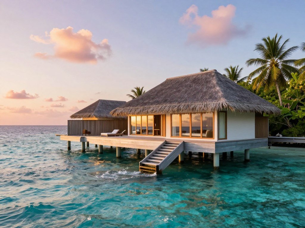 Overwater villa with steps leading into Maldives waters