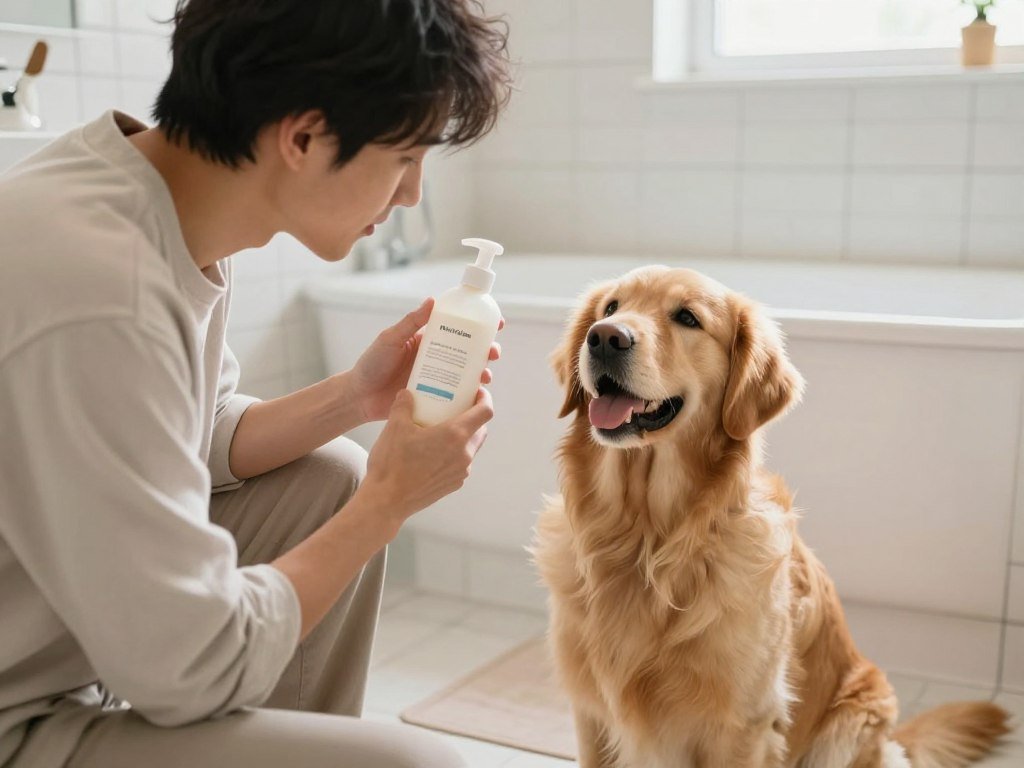 Owner checking dog shampoo ingredients before bath time Owner checking dog shampoo ingredients before bath time