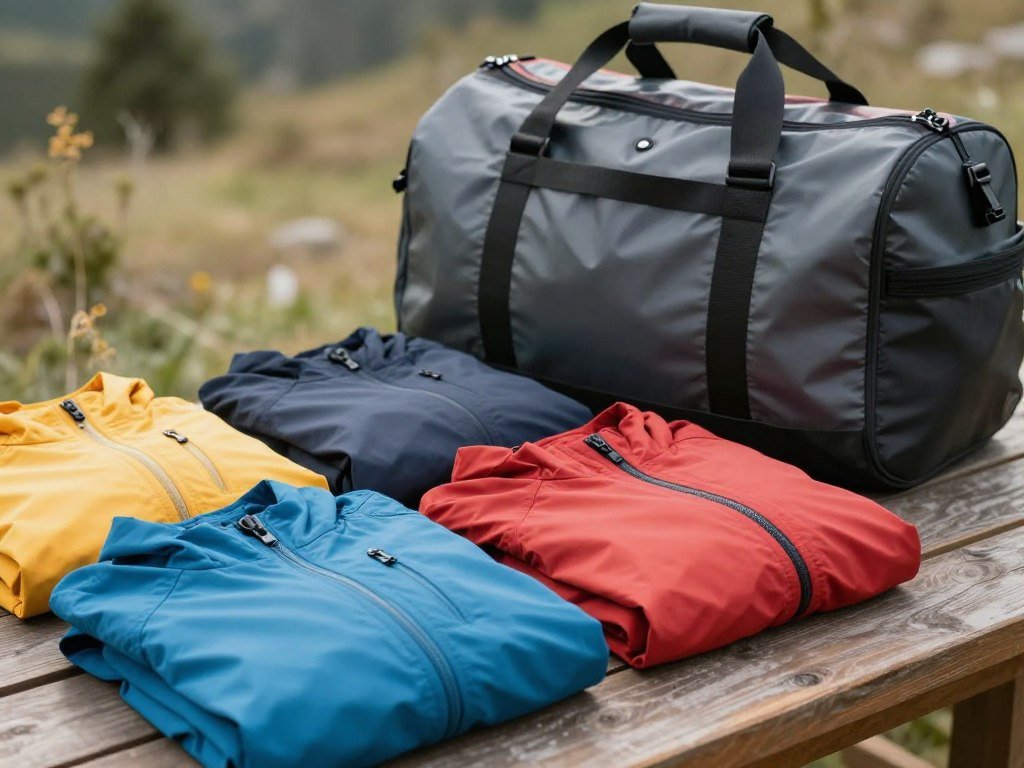 Packable travel jackets folded beside a day bag Packable travel jackets folded beside a day bag