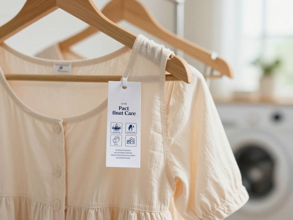 Pact clothing care label beside a freshly washed cotton dress