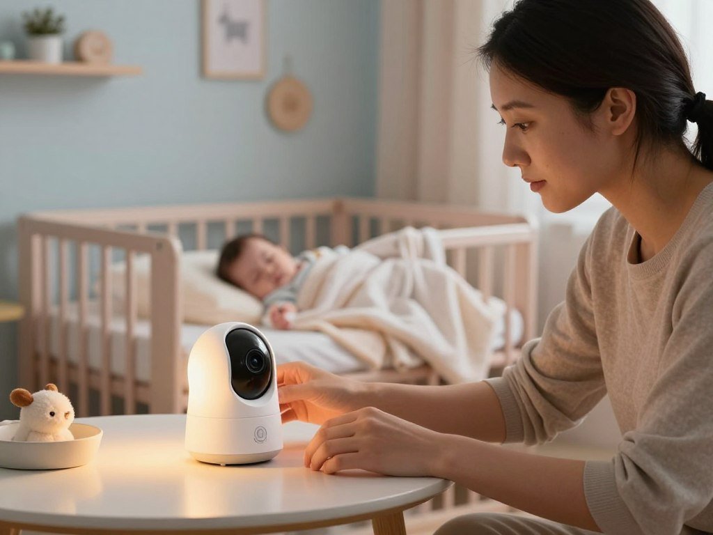 Parent adjusts an Eufy camera to view a sleeping baby Parent adjusts an Eufy camera to view a sleeping baby