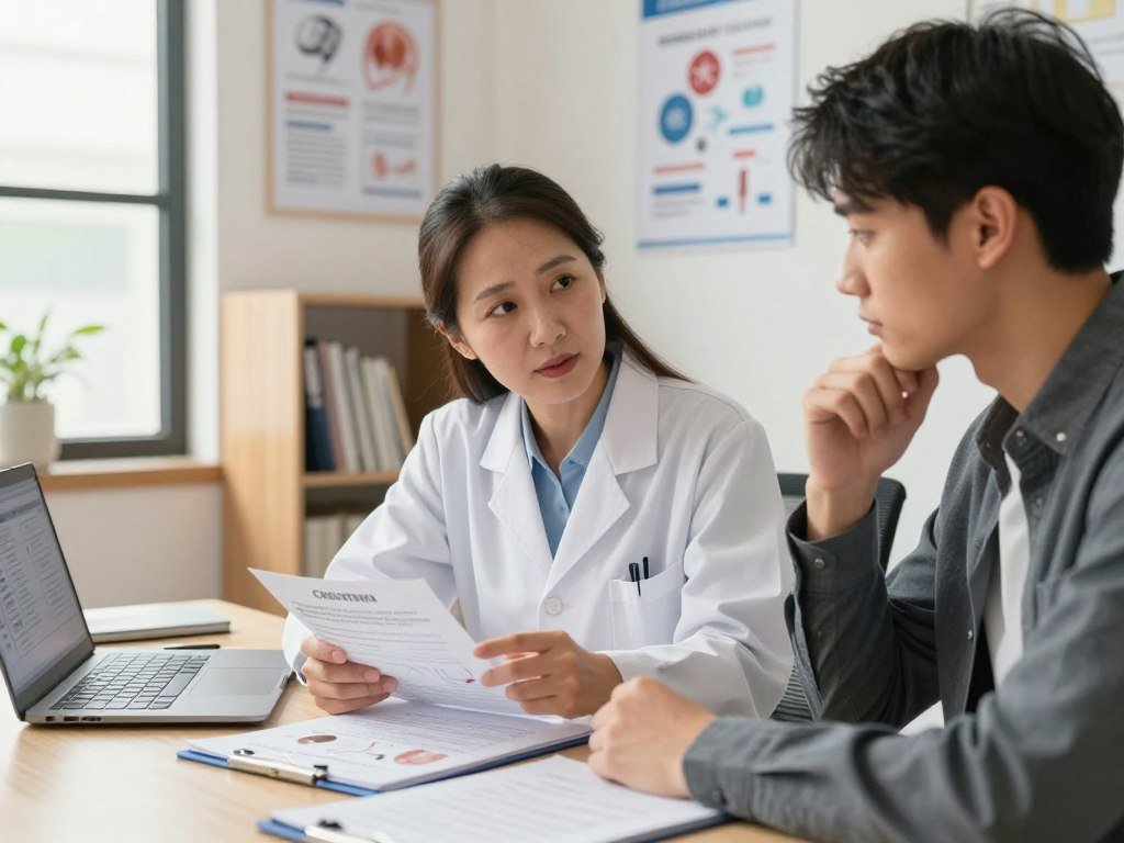 Patient discussing creatine safety and blood tests with a clinician Patient discussing creatine safety and blood tests with a clinician