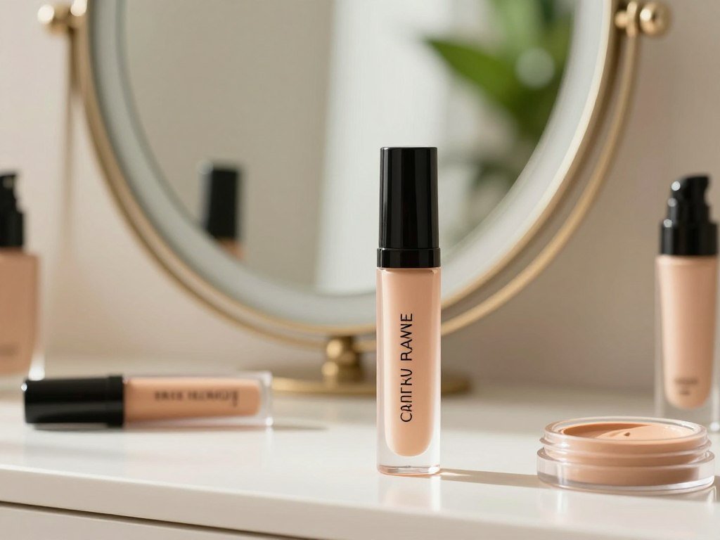 Peach corrector and skin-tone concealer beside a mirror