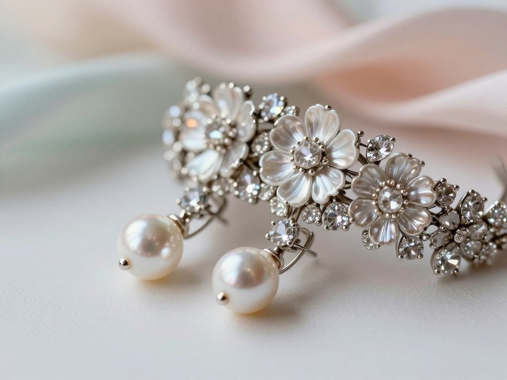 Pearl clip-on earrings beside floral bridal jewelry Pearl clip-on earrings beside floral bridal jewelry