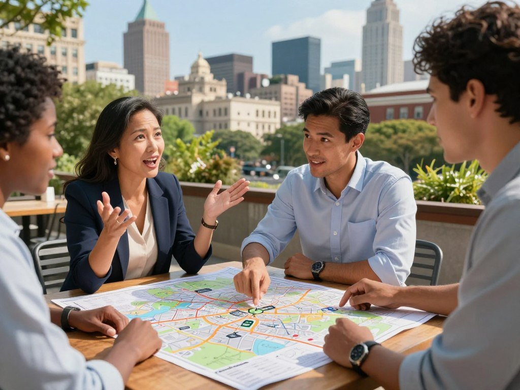 People share ideas beside a city map and travel list People share ideas beside a city map and travel list