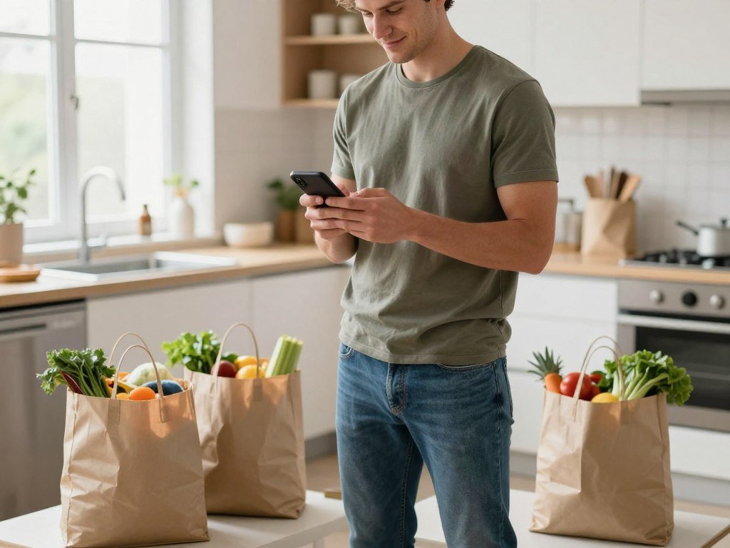 Person checking balance while standing after carrying grocery bags