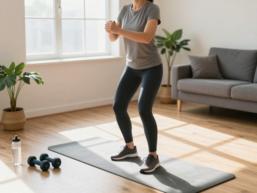 Person marching in place before a controlled home workout Person marching in place before a controlled home workout