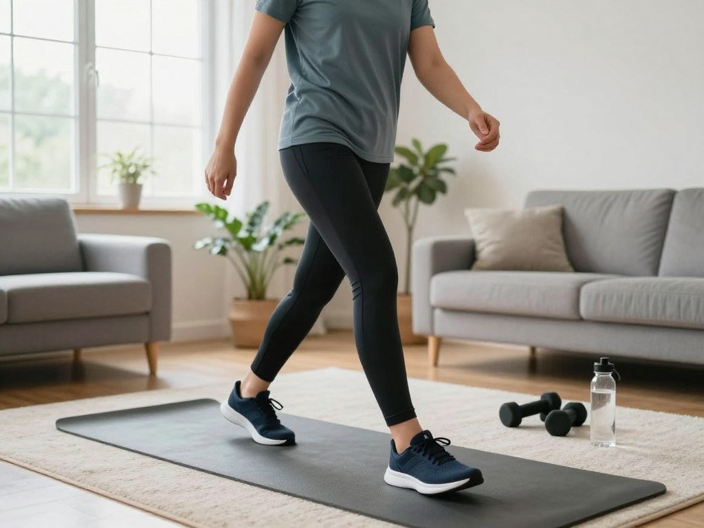 Person walking at home as a form of weight loss exercise Person walking at home as a form of weight loss exercise