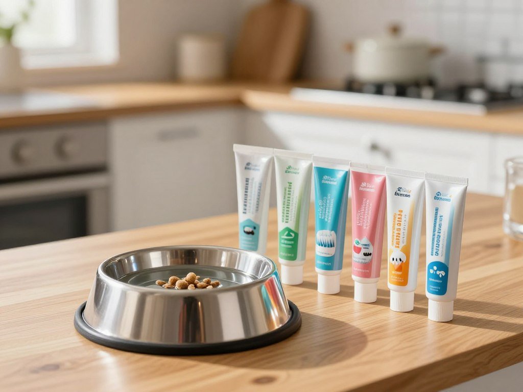 Pet dental gel and toothpaste options beside a dog bowl Pet dental gel and toothpaste options beside a dog bowl