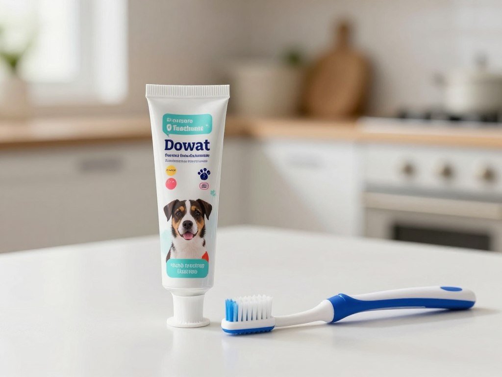 Pet-specific toothpaste label checked beside a dog toothbrush Pet-specific toothpaste label checked beside a dog toothbrush