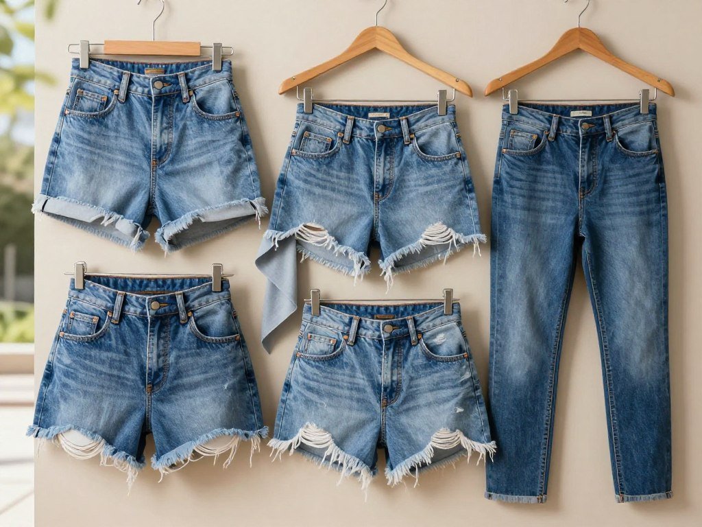 Petite, tall, and extended denim shorts shown in different cuts Petite, tall, and extended denim shorts shown in different cuts