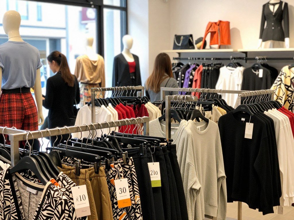 Price tags on trend-led clothing in a high-street store