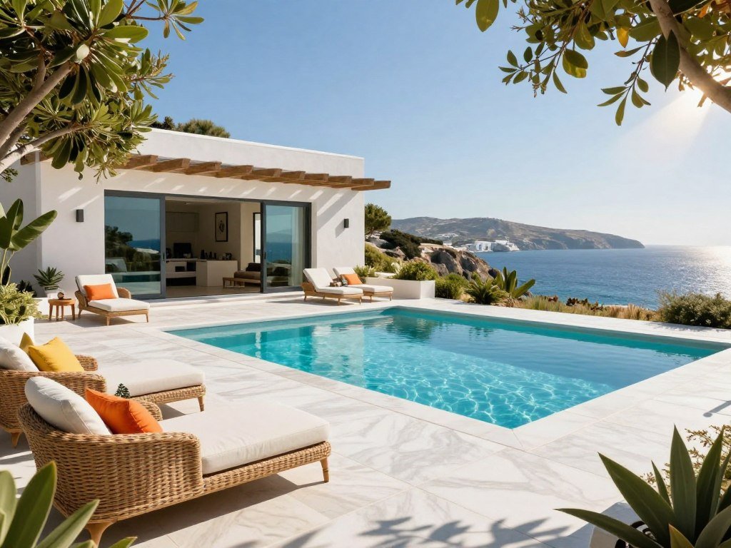Private pool and shaded terrace at a Mykonos villa
