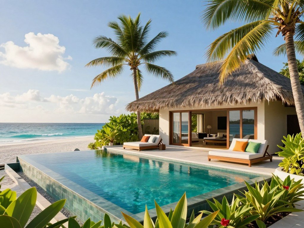 Private pool and sundeck beside a Maldives villa