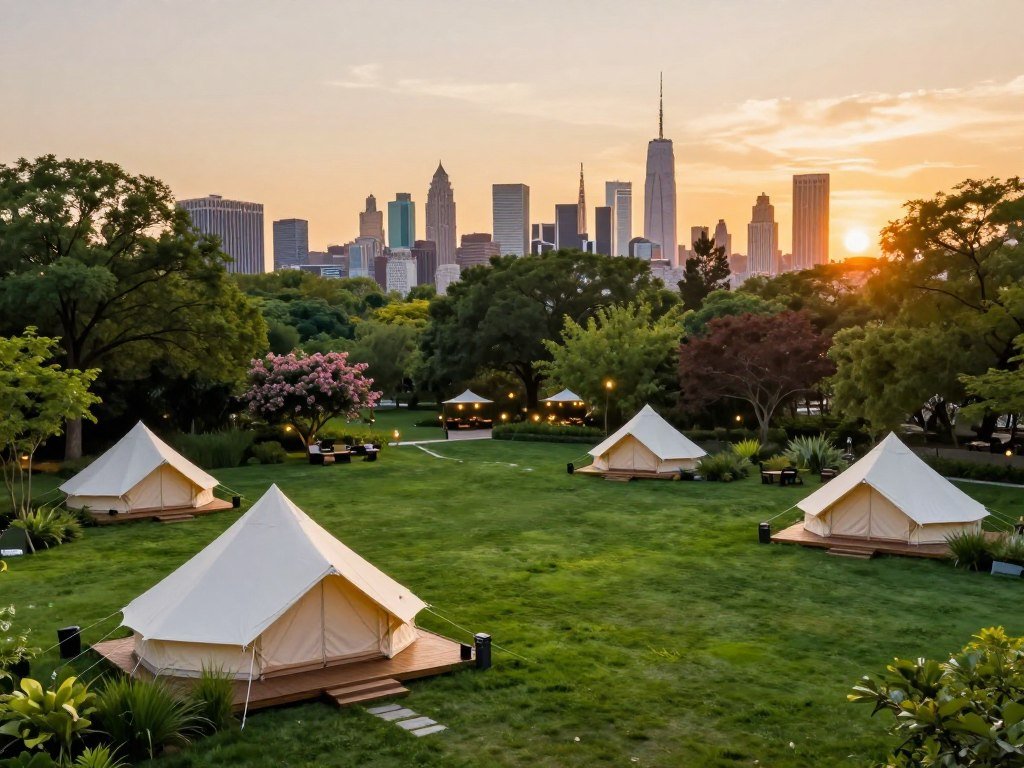 Private tents across Governors Island parkland Private tents across Governors Island parkland