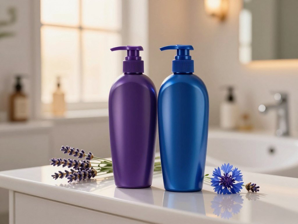 Purple shampoo and blue shampoo for different warm tones