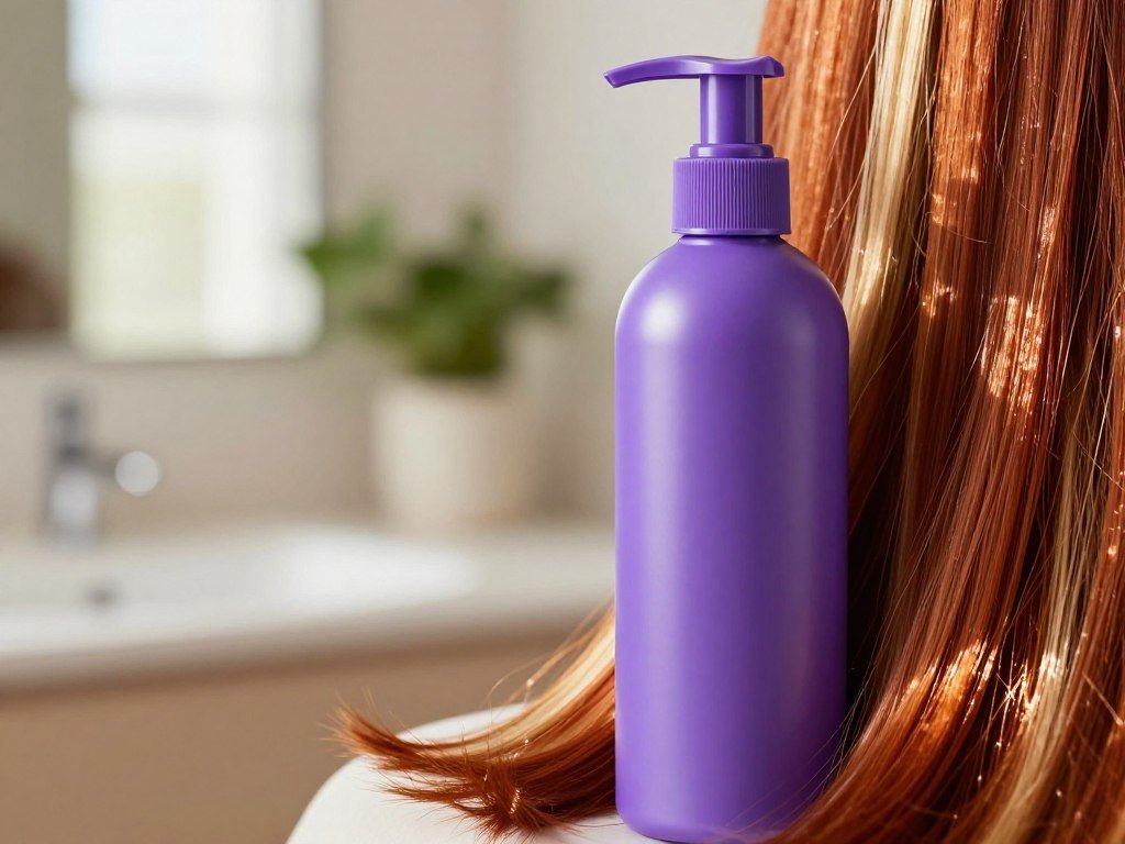 Purple shampoo beside blonde highlights and red hair