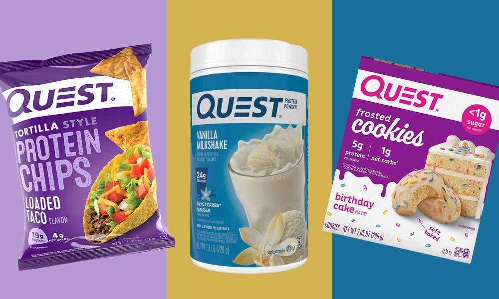 Three Quest protein products on pastel panels: purple tortilla chips, a vanilla milkshake tub, and frosted cookies. Bright packaging conveys a playful, snack-focused tone.
