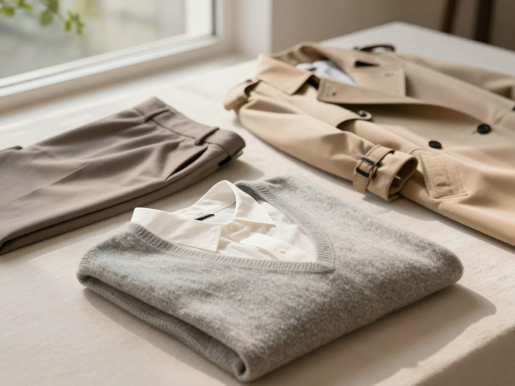Quiet luxury wool and cotton pieces in a muted color palette