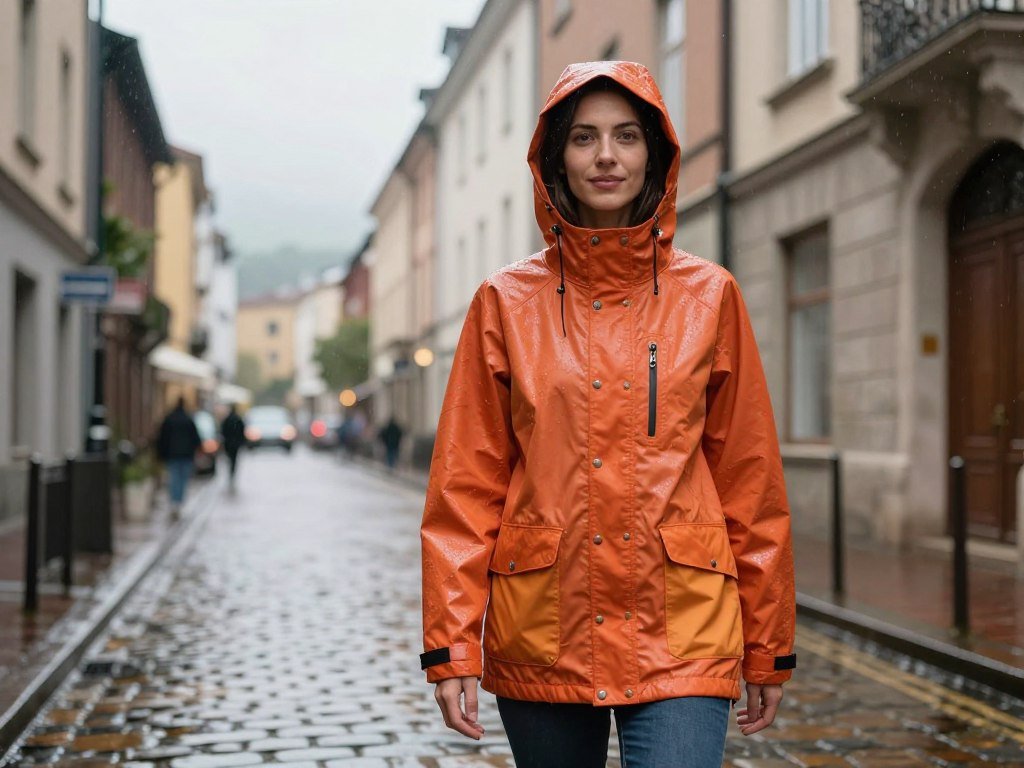 Rain shell with hood and pockets for wet travel days Rain shell with hood and pockets for wet travel days